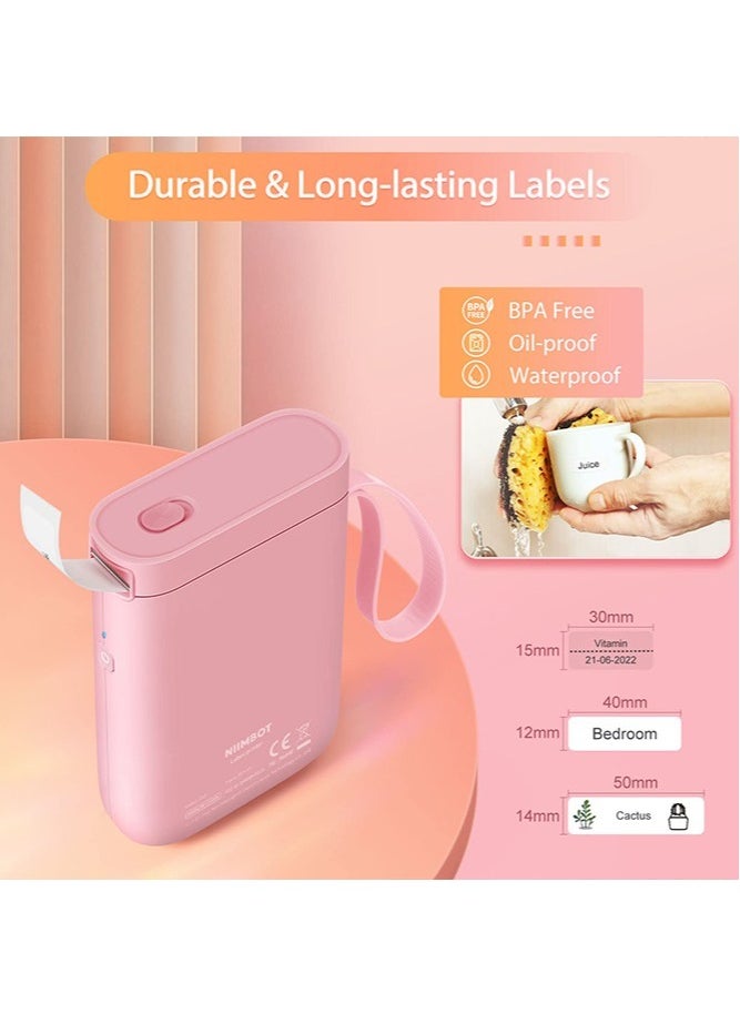 D11 Portable Bluetooth Sticker Label Printer with 1 Roll 12*40mm White Tape, USB Rechargeable, Inkless Thermal Label Maker with 10-15mm Print Width, Ideal for Home and Small Business Supplies, Pink