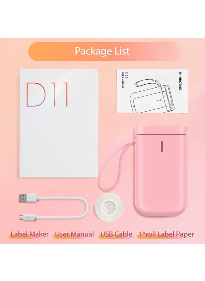 D11 Portable Bluetooth Sticker Label Printer with 1 Roll 12*40mm White Tape, USB Rechargeable, Inkless Thermal Label Maker with 10-15mm Print Width, Ideal for Home and Small Business Supplies, Pink