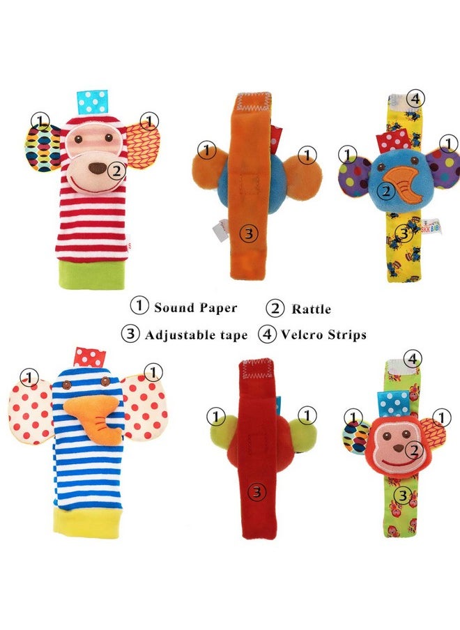 Baby Rattle,URUTOREO Baby Wrist Rattle and Foot Rattles Finder Socks Set, Developmental Soft Animal Rattles Monkey and Elephant Socks Toys Infant Baby Toys (4 Pcs)