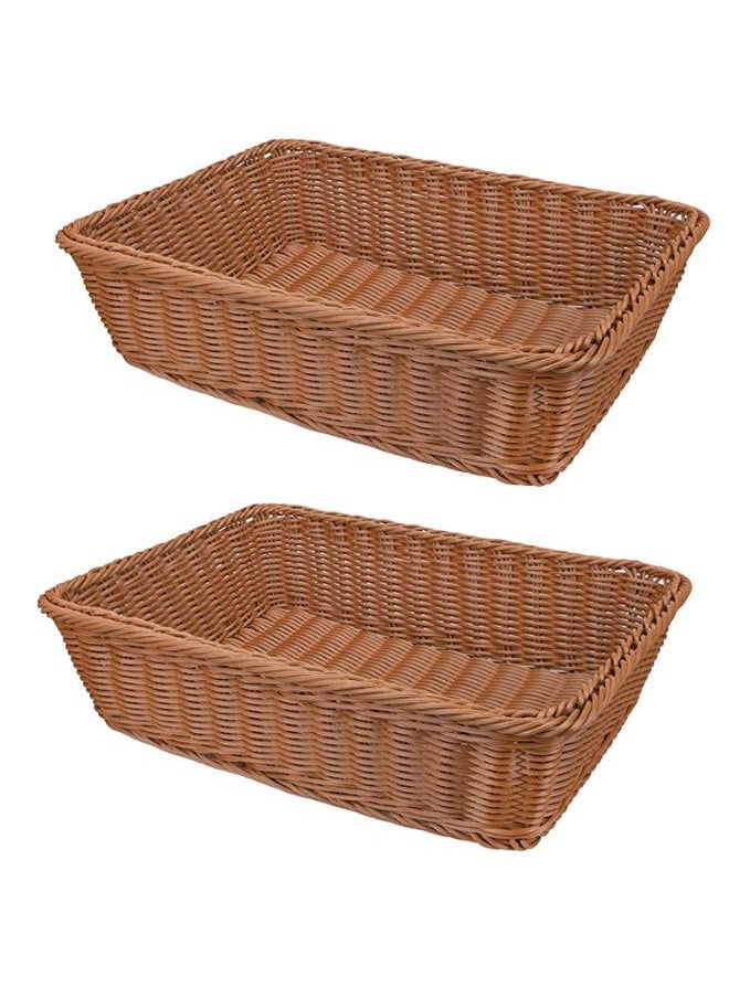 2 Pack Imitation Rattan Woven Bread Basket 16 Inch Poly-Wicker Food Serving Basket for Fruit Vegetables Home Kitchen Restaurant Outdoor Brown Rectangular