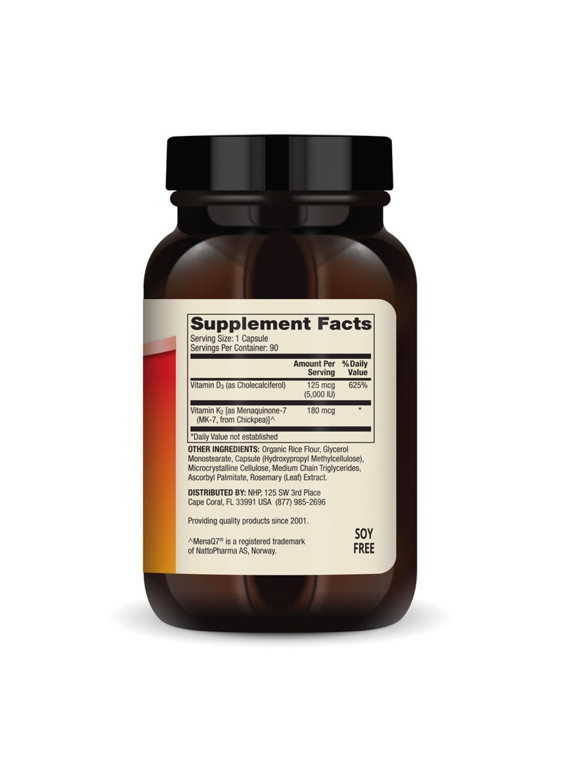 Vitamins d3 & k2 5,000 iu vitamin d3 180 mcg vitamin k2 (mk-7) per capsule 90 capsules | dietary supplement
