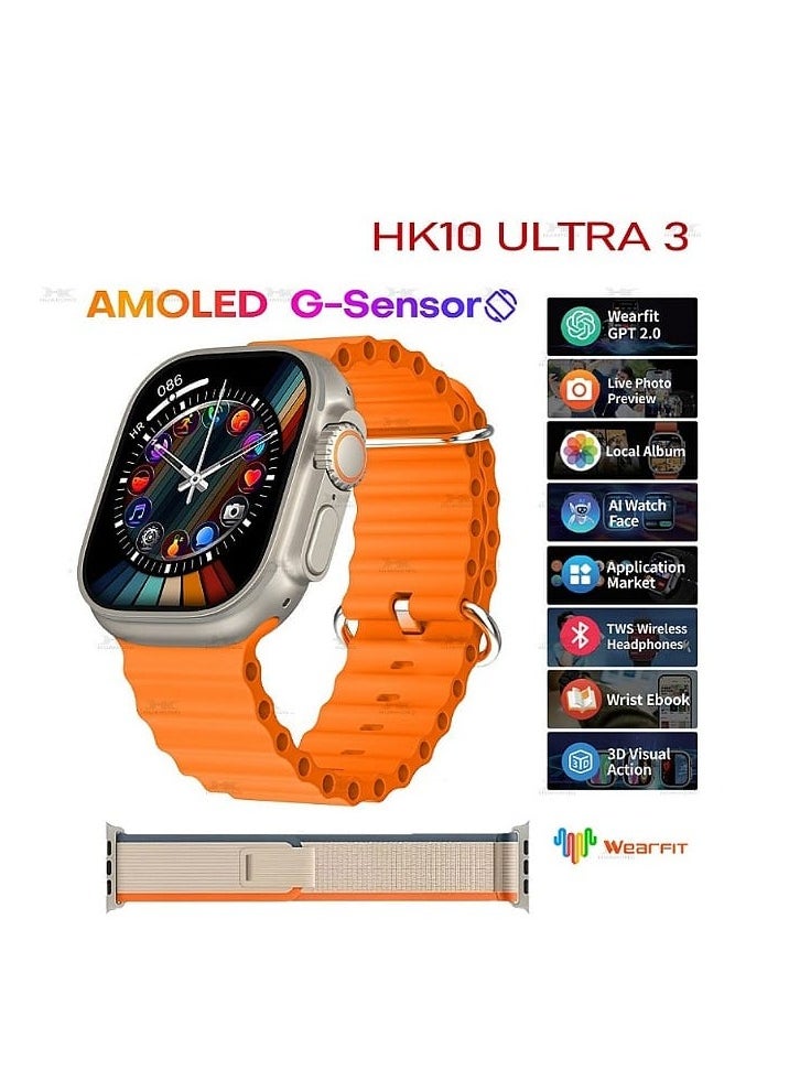 New HK10 ULTRA 3 Smartwatch AMOLED Display, G-Sensor AI Features HK9 Upgraded With Two Strap