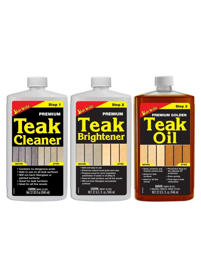 Star Brite Premium Teak Care Kit Marine Grade Teak Cleaner Brightener And Golden Teak Oil Ideal For Boats Decks Patio And Fine Wood Furniture Renew Refinish And Protect 081202