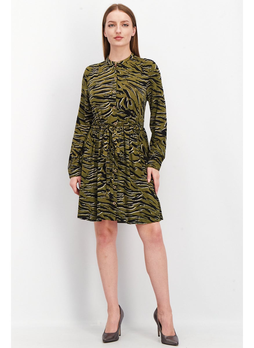 Women Allover Print Tie Waist Mini Dress, Olive Combo