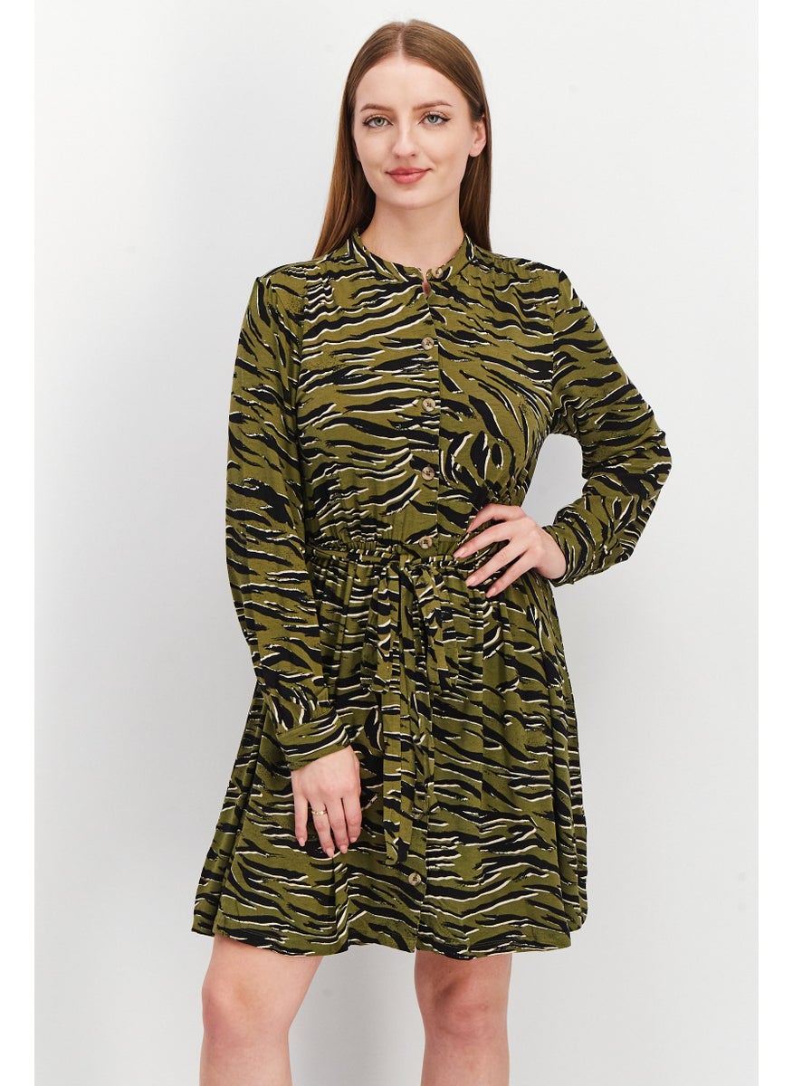 Women Allover Print Tie Waist Mini Dress, Olive Combo