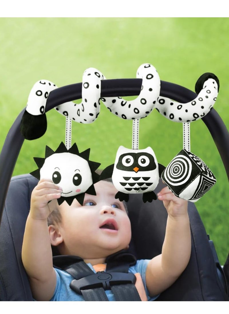 Spiral Toys for pram, Spiral Pram Hanging Toys, Black and White Pram Toys, Spiral Activity Hanging Toys Car Seat Toys With Ringing Bell, Wrap Around Crib Sensory Early Education Toys