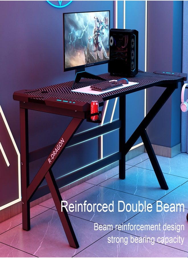 Gaming Desk, E-Sports Table, Home Office Computer Desk Table with RGB Lighting, with Cup Holder Headphone Hook, Carbon Fiber Black, 120 * 60 * 75CM