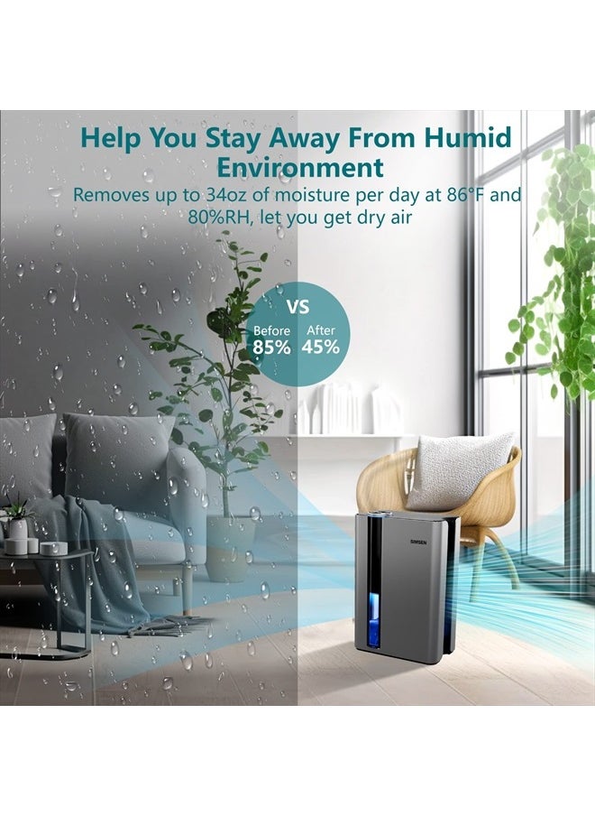 SIMSEN 95oz Dehumidifiers for Home, 800 sq ft Quiet Dehumidifier with Reusable Filter and Ionizer, Small Dehumidifier with Drain Hose, Dehumidifiers for Bedroom Bathroom Basements Closet RV