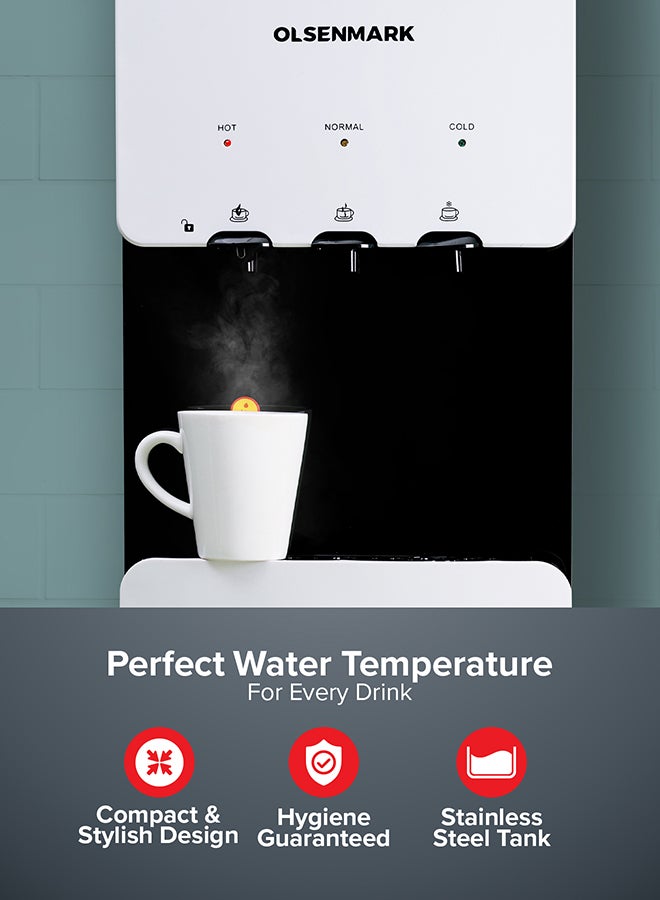 Water Dispenser with Refrigerator, Hot- Cold- Warm Function, OMWD1629 , Cold Temperature: 6-10C - Hot Temperature: <95C - ABS + Iron Side Panel - Heating Power 500W OMWD1629 White