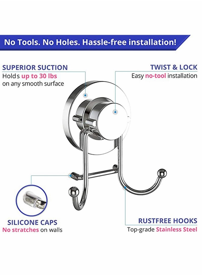 2 Double Hook Wall Hooks Stainless Steel Suction Cup Hooks Bath Towel Heavy Duty Hook Suction Cup Rust Proof Wall Hooks Kitchen and Bathroom Vacuum Suction Hook Suction Hanger