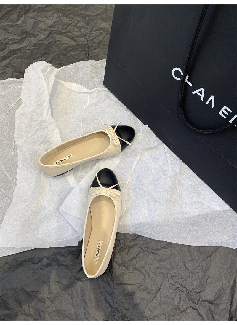 2023 Chic Bow Ballet Flats Round Toe Women Casual Shoes Apricot