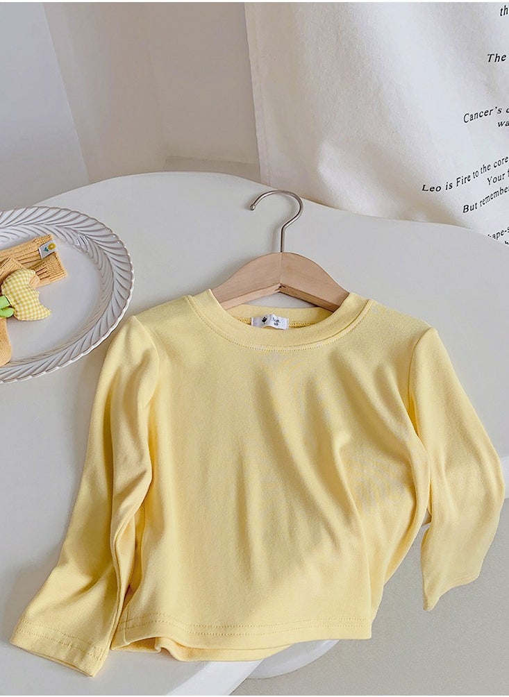 Kid's Solid Color Crew Neck Long Sleeve Tees Cotton Basic Base T-Shirt Light Yellow