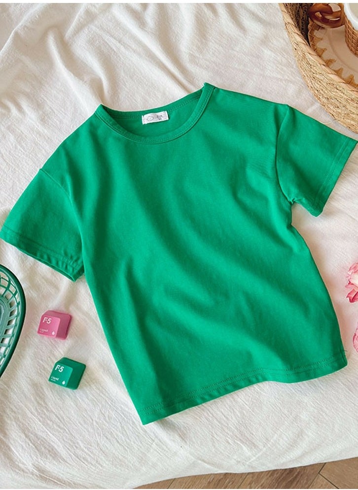 Kid's Solid Color Crew Neck T-Shirt Short Sleeve Tees Green