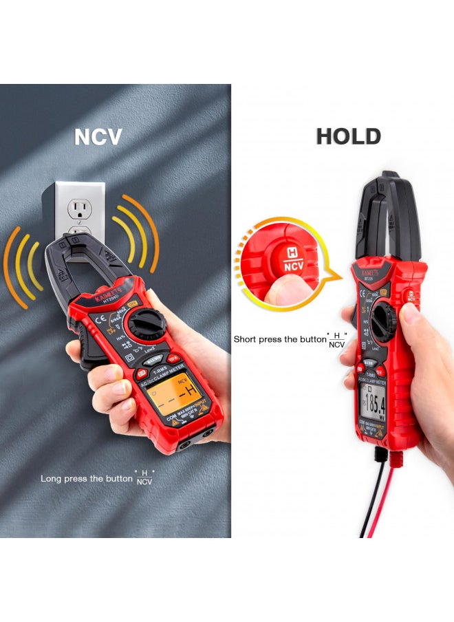 KAIWEETS HT206D Digital Clamp Meter T-RMS 6000 Counts, Multimeter Voltage Tester Auto-ranging, Measures Current Voltage Temperature Capacitance Resistance Diodes Continuity Duty-Cycle (AC/DC)