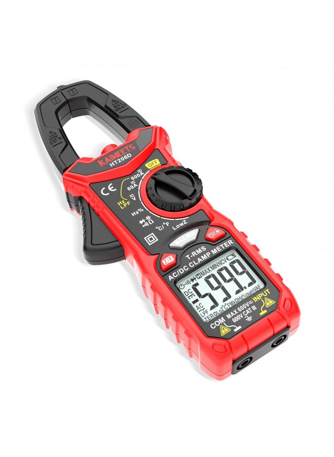 KAIWEETS HT206D Digital Clamp Meter T-RMS 6000 Counts, Multimeter Voltage Tester Auto-ranging, Measures Current Voltage Temperature Capacitance Resistance Diodes Continuity Duty-Cycle (AC/DC)