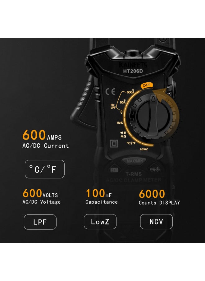 KAIWEETS HT206D Digital Clamp Meter T-RMS 6000 Counts, Multimeter Voltage Tester Auto-ranging, Measures Current Voltage Temperature Capacitance Resistance Diodes Continuity Duty-Cycle (AC/DC)