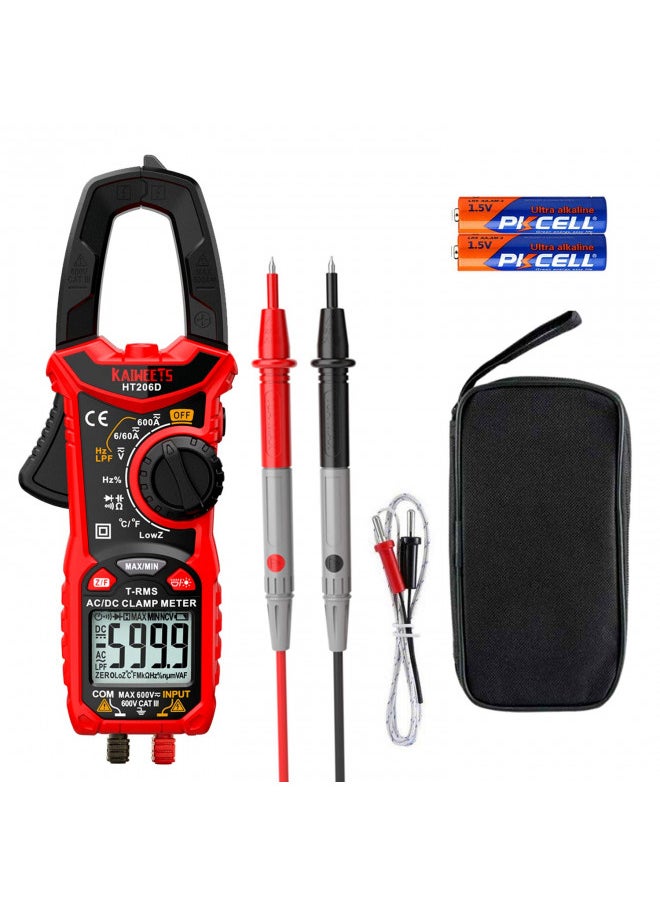 KAIWEETS HT206D Digital Clamp Meter T-RMS 6000 Counts, Multimeter Voltage Tester Auto-ranging, Measures Current Voltage Temperature Capacitance Resistance Diodes Continuity Duty-Cycle (AC/DC)