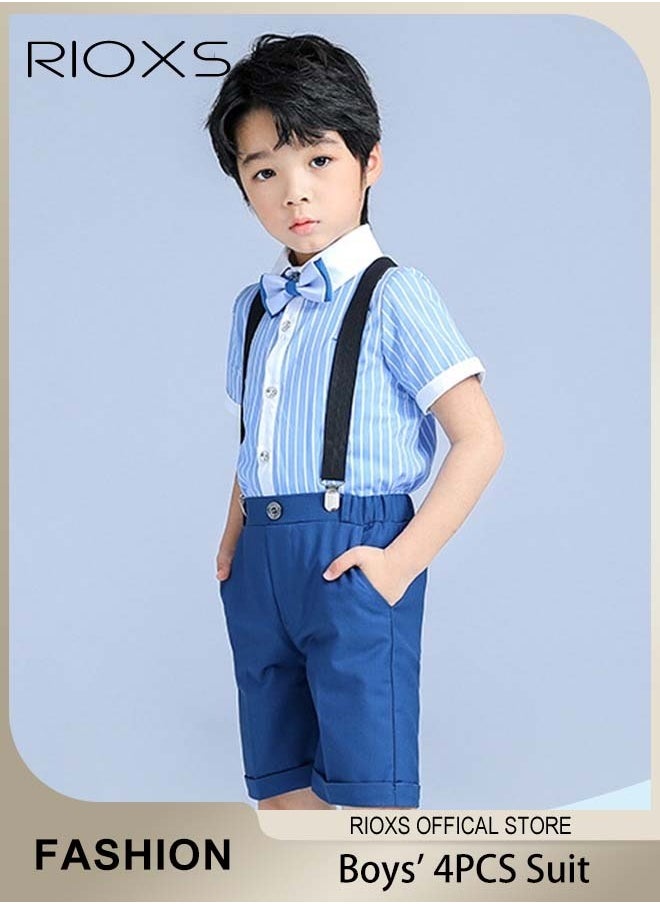 Boys 4 Pcs Suits Set,Short Sleeves Shirt,Bowtie,Pants And Suspender,Formal Dresswear Gentleman Set For Kids Boys,Ceremony Clothing Set For Party Wedding Performance And Formal Occasions