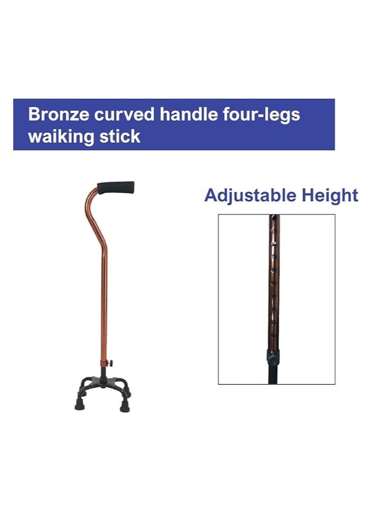 Bronze Curved Handle 4 Legs aWalking Stick, Adjustable Height, Strong Base with 4 Legs