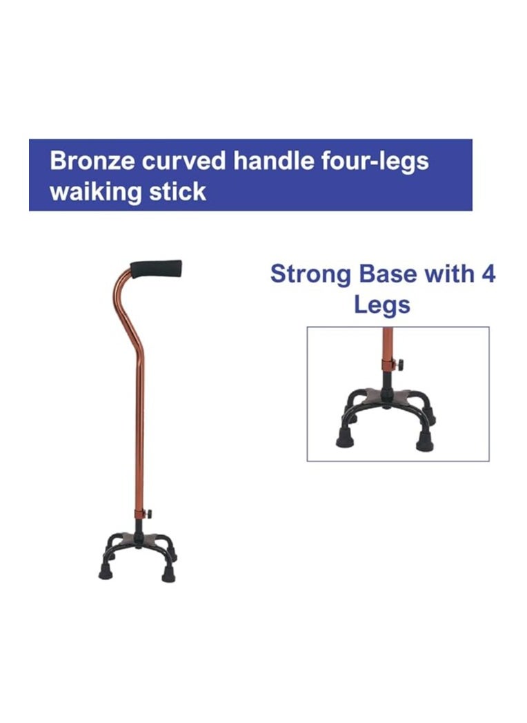 Bronze Curved Handle 4 Legs aWalking Stick, Adjustable Height, Strong Base with 4 Legs
