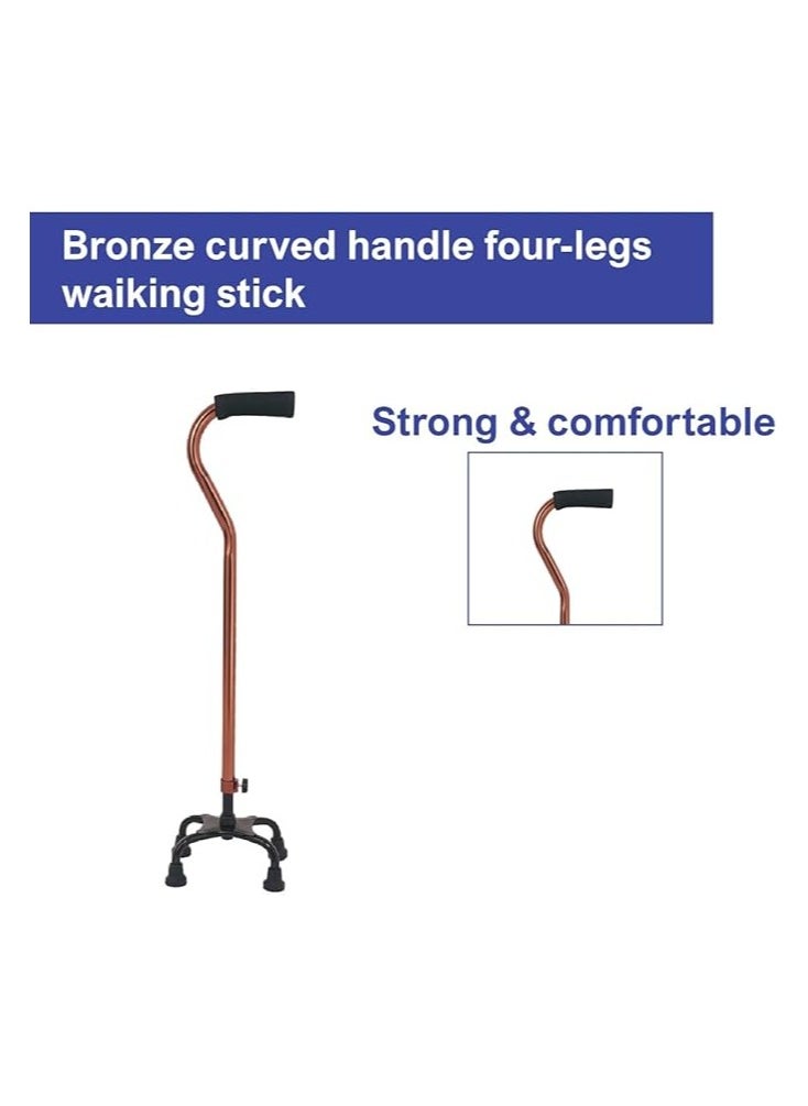Bronze Curved Handle 4 Legs aWalking Stick, Adjustable Height, Strong Base with 4 Legs