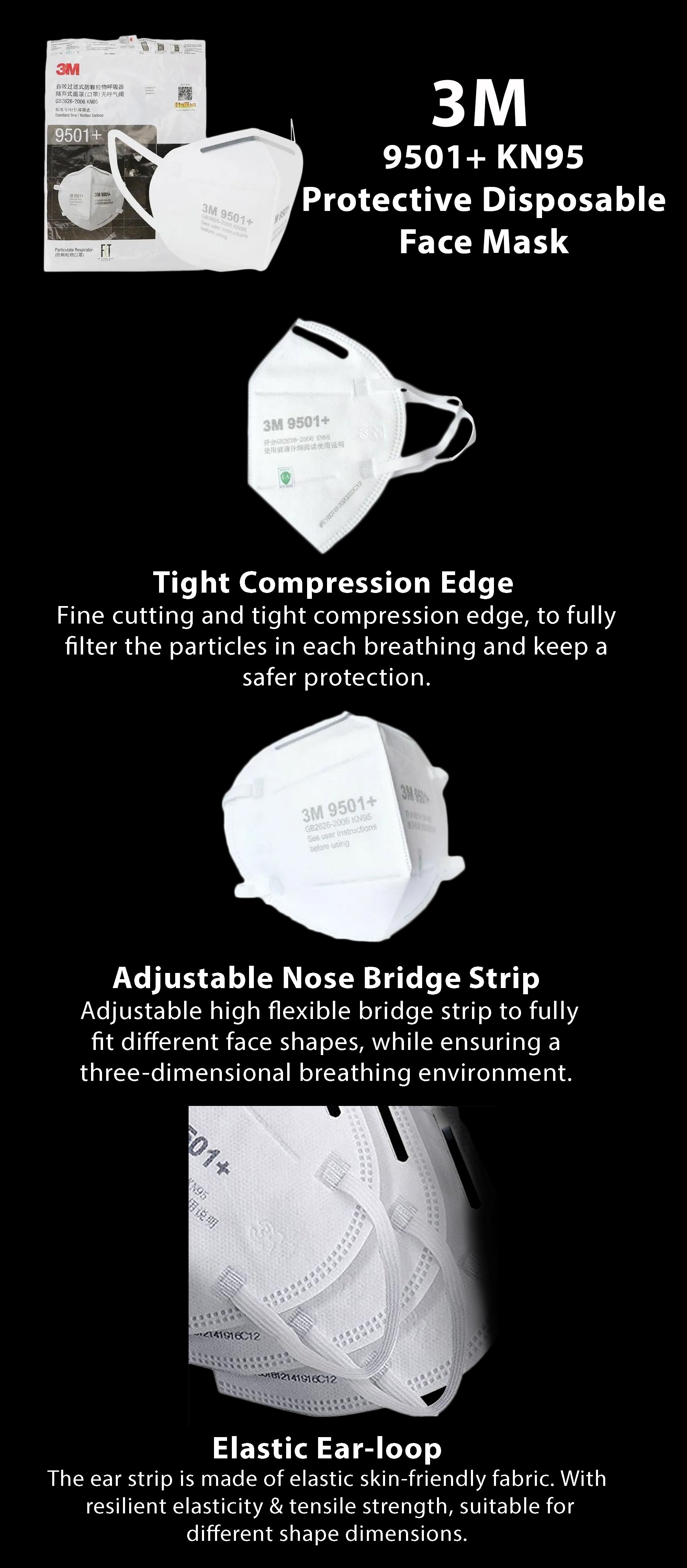 9501+ KN95 Protective Disposable Face Mask White 22x11cm