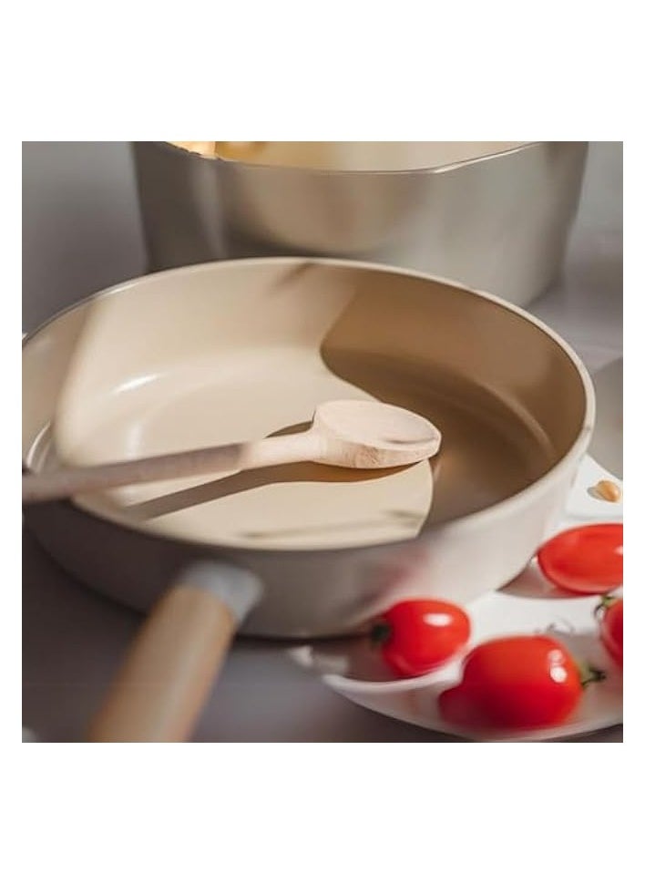 Frying Pan,24cm,with wooden handle,nonstick Ceramic coating,induction,off white sand color.