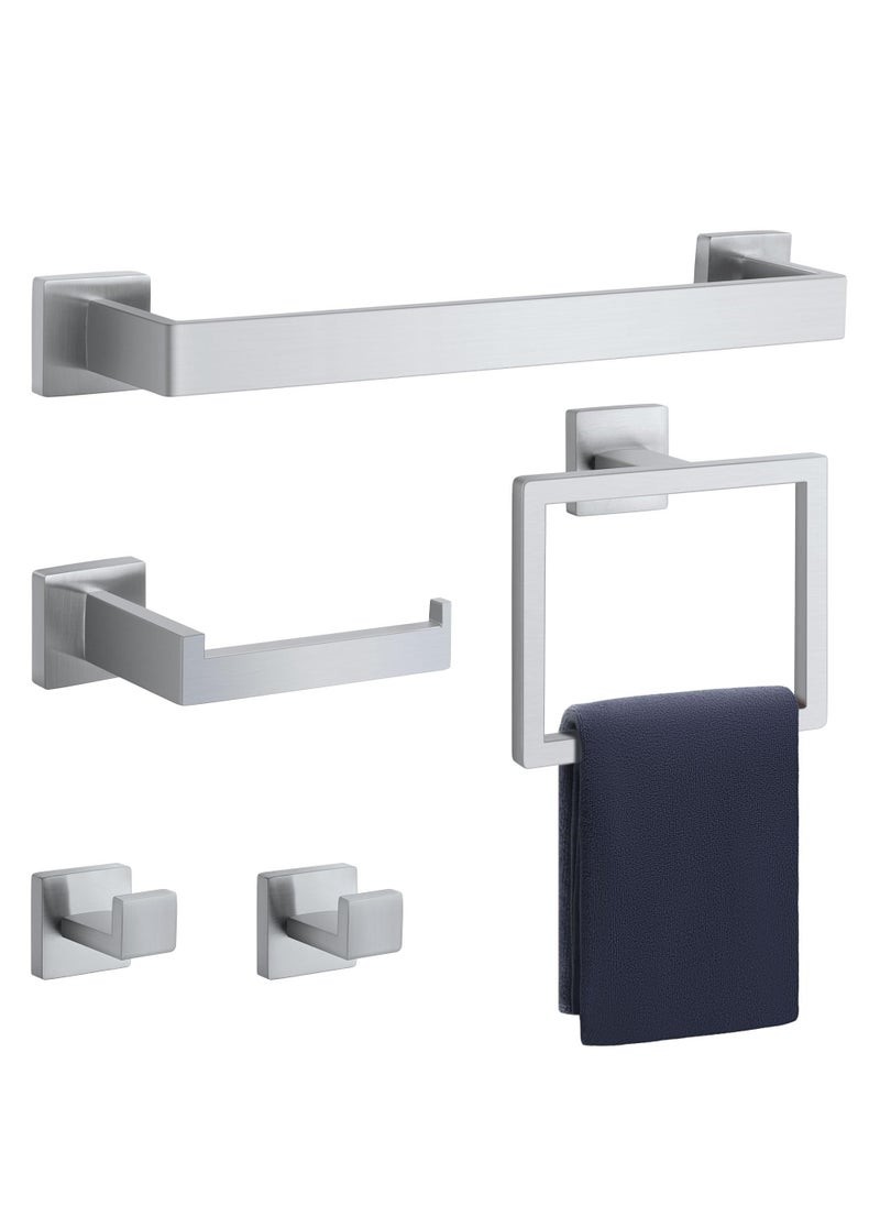 Hardware Set Brushed Silver 5-Pieces Bathroom, Towel Rack, Bath Towel Bar Set, Wall Mounted, SUS304 Stainless Steel