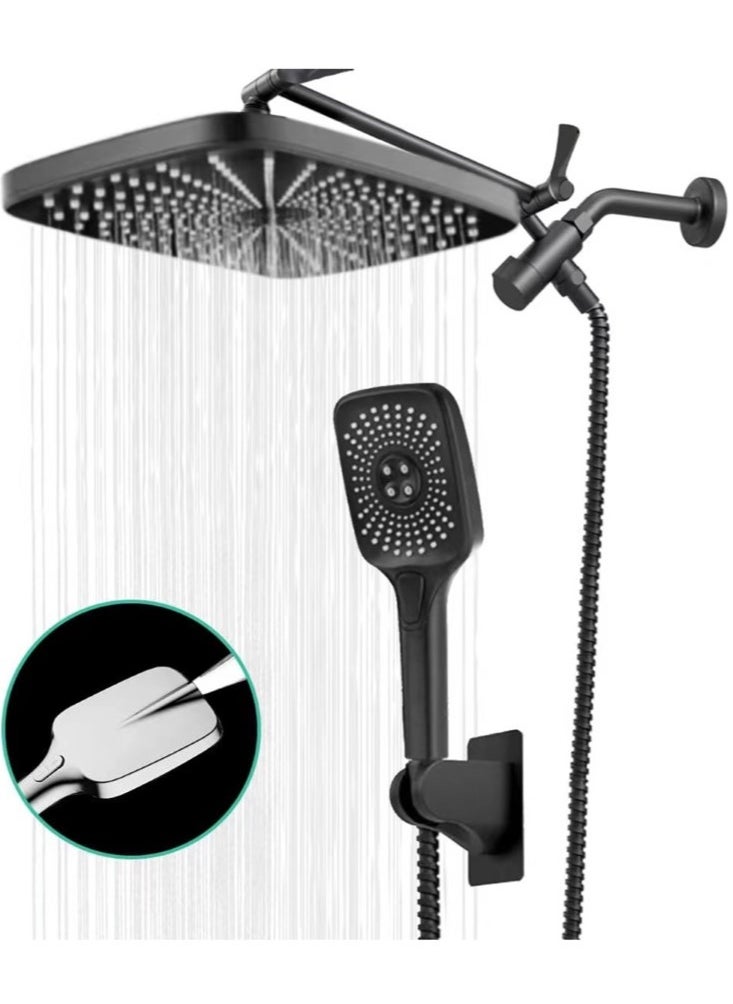 1-Set Exposed Shower System Triple Function Bathroom Shower Head 20cm Square Rainfall Shower Head with Handheld Complete Shower Set Black