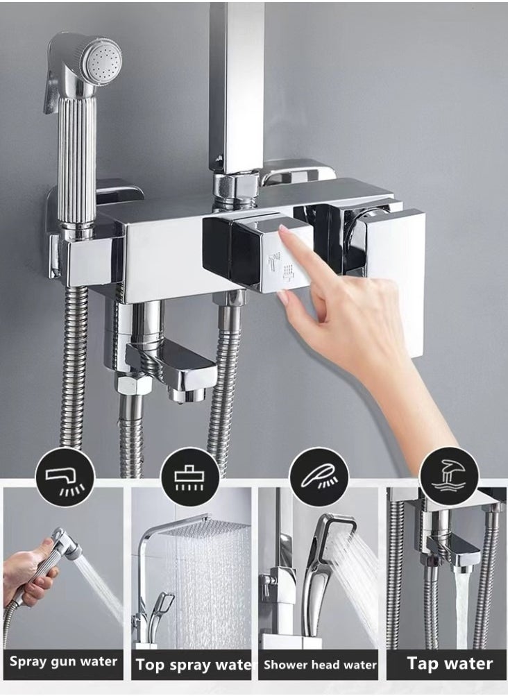 1-Set Shower System Triple Function Bathroom Shower Faucet Rainfall Shower Head with Handheld Adjustable Complete Set Tub Spout Wall Mount Tap Set Silver