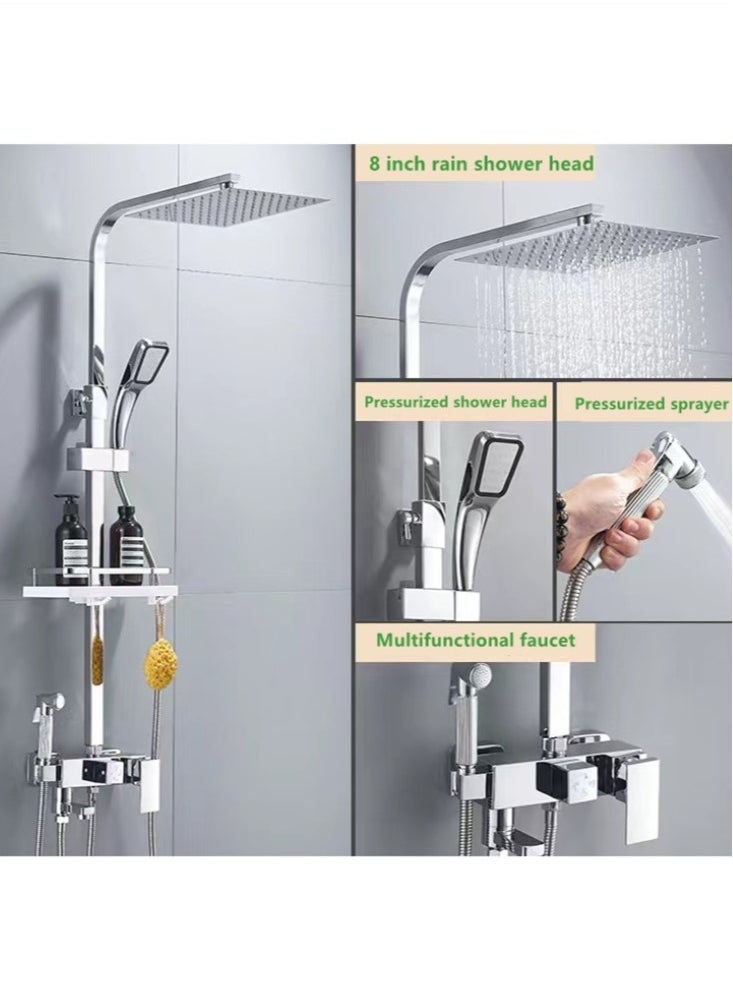 1-Set Shower System Triple Function Bathroom Shower Faucet Rainfall Shower Head with Handheld Adjustable Complete Set Tub Spout Wall Mount Tap Set Silver