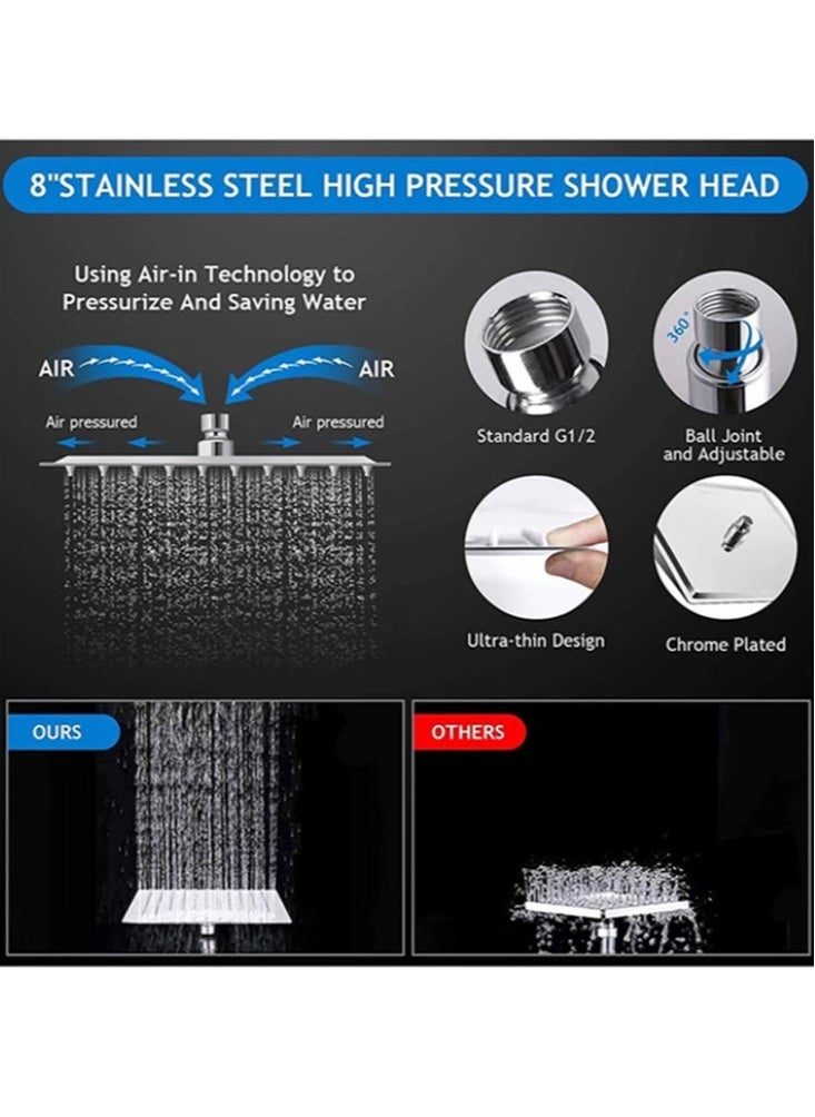 1-Set Exposed Shower System Triple Function Bathroom Shower Head 20cm Square Rainfall Shower Head with Handheld Complete Shower Set Silver