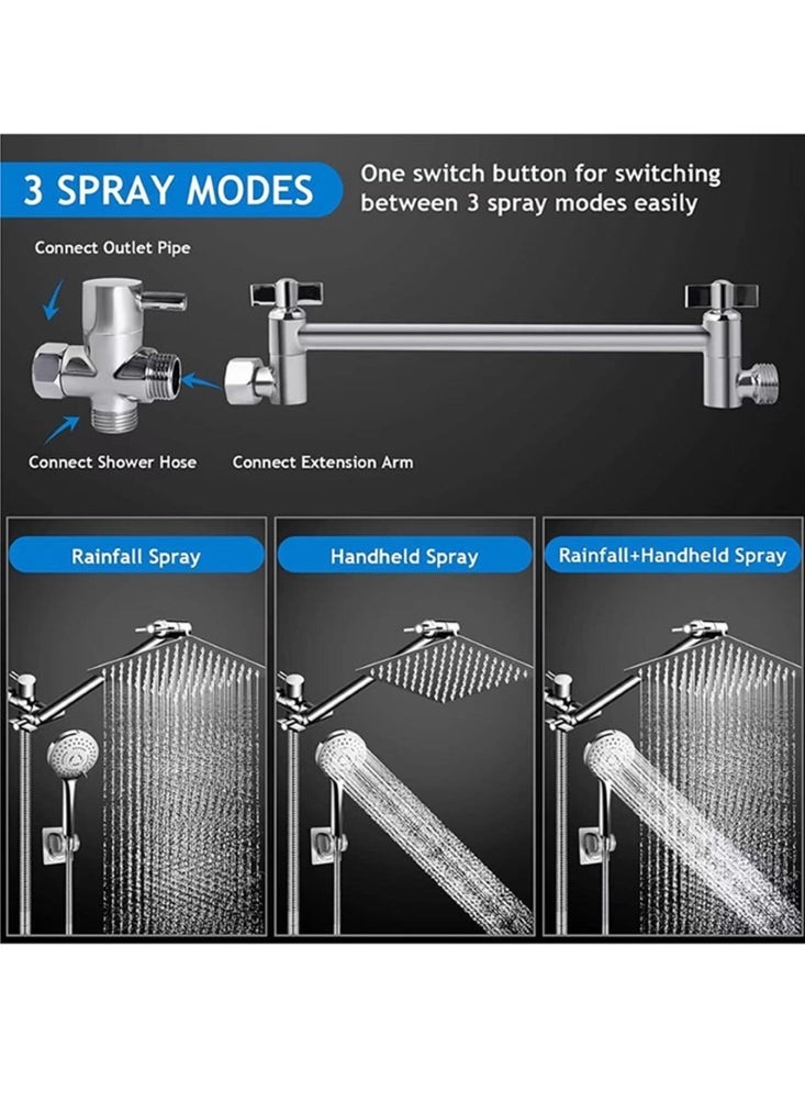 1-Set Exposed Shower System Triple Function Bathroom Shower Head 20cm Square Rainfall Shower Head with Handheld Complete Shower Set Silver