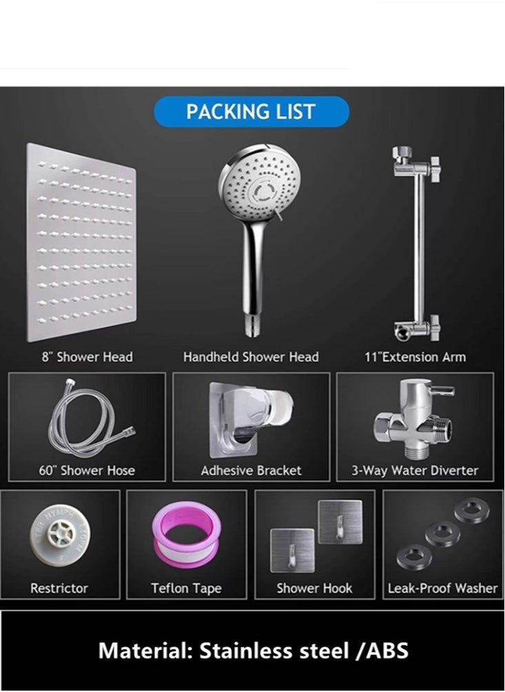 1-Set Exposed Shower System Triple Function Bathroom Shower Head 20cm Square Rainfall Shower Head with Handheld Complete Shower Set Silver