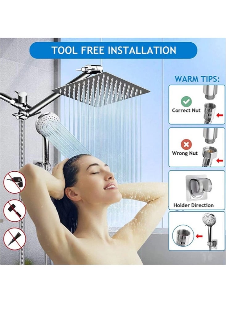 1-Set Exposed Shower System Triple Function Bathroom Shower Head 20cm Square Rainfall Shower Head with Handheld Complete Shower Set Silver