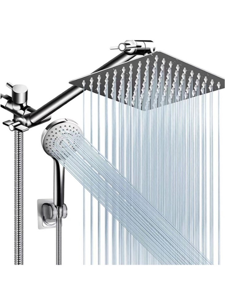 1-Set Exposed Shower System Triple Function Bathroom Shower Head 20cm Square Rainfall Shower Head with Handheld Complete Shower Set Silver