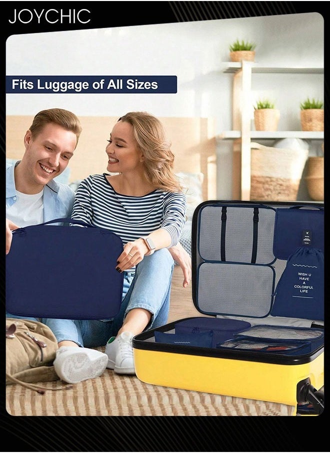 8 Piece Travel and Business Trip Packing Cubes for Suitcases Lightweight Trip Essential Saving Space Storage Bag Set with Toiletries Bag for Clothes Shoes Cosmetics Toiletries Navy Blue