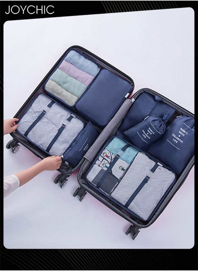 8 Piece Travel and Business Trip Packing Cubes for Suitcases Lightweight Trip Essential Saving Space Storage Bag Set with Toiletries Bag for Clothes Shoes Cosmetics Toiletries Navy Blue