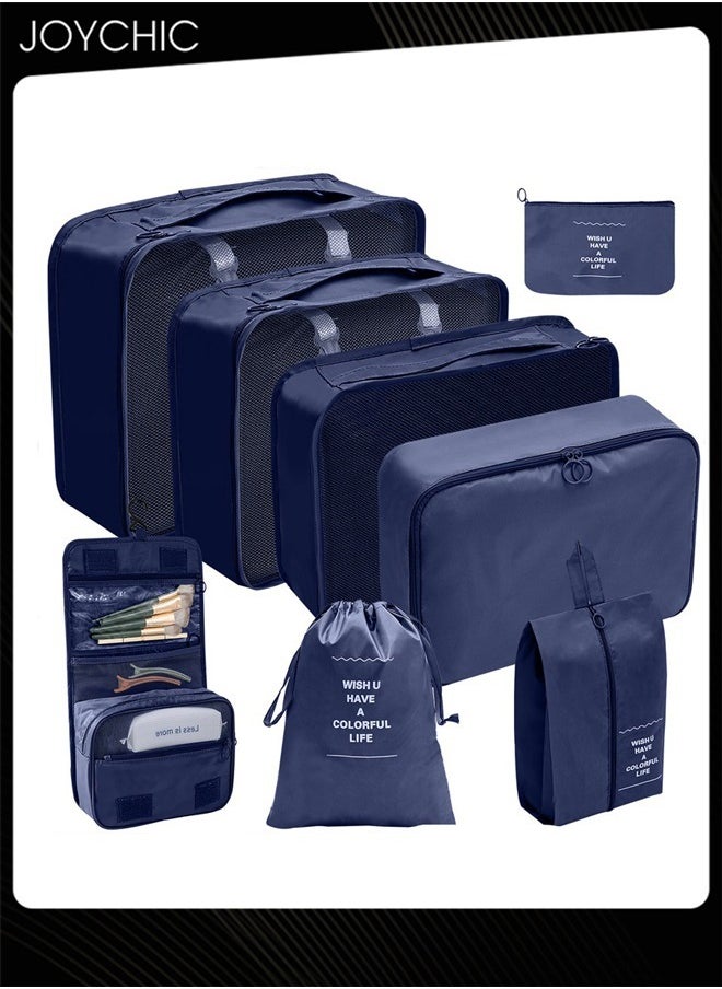 8 Piece Travel and Business Trip Packing Cubes for Suitcases Lightweight Trip Essential Saving Space Storage Bag Set with Toiletries Bag for Clothes Shoes Cosmetics Toiletries Navy Blue