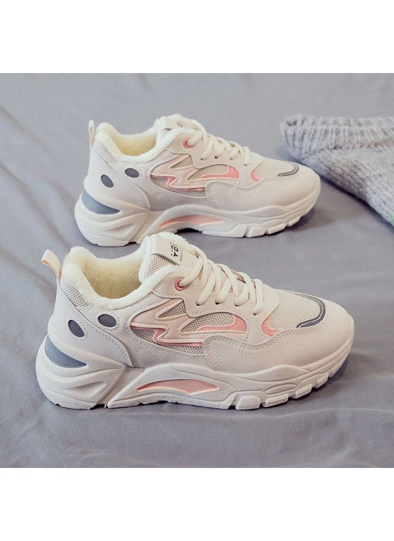 Spring 2024 Womens Versatile Dad Sneakers Student Fashion Trendy Shoes Breathable round Toe mid Heel Rubber Outsole Sporty Rice noodle fleece-lined