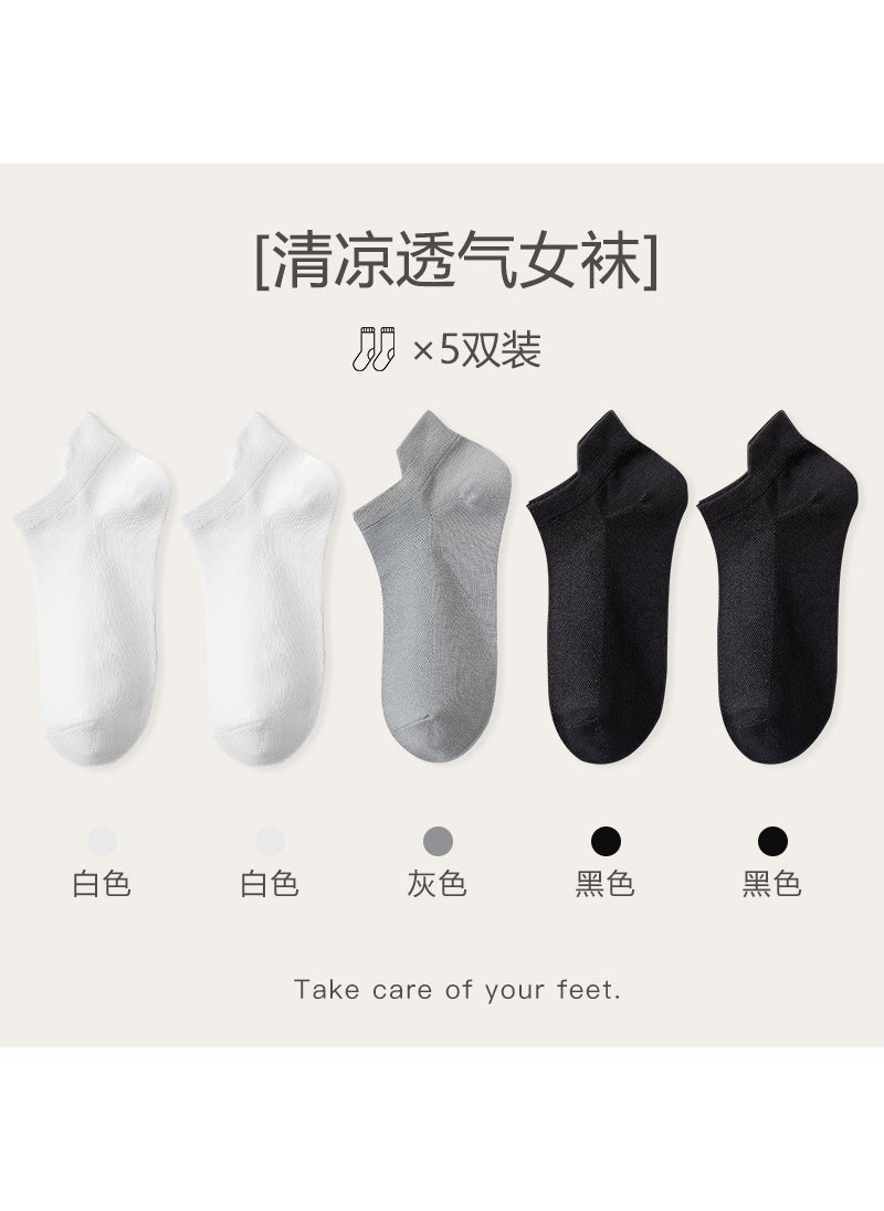 Summer Mesh Socks Women Thin Cotton Low Cut[5 pairs] 2 white light gray 2 black [5 pairs] 2 white light gray 2 black