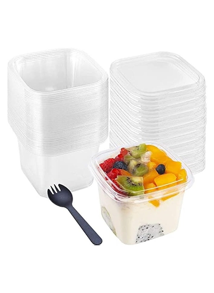 50 Pack 13.5 oz Square Clear Plastic Dessert Cups with Lids and Sporks Disposable Tasting Cups Parfait Cups for Desserts Mousse Fruit Pudding