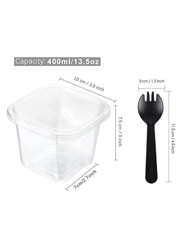 50 Pack 13.5 oz Square Clear Plastic Dessert Cups with Lids and Sporks Disposable Tasting Cups Parfait Cups for Desserts Mousse Fruit Pudding