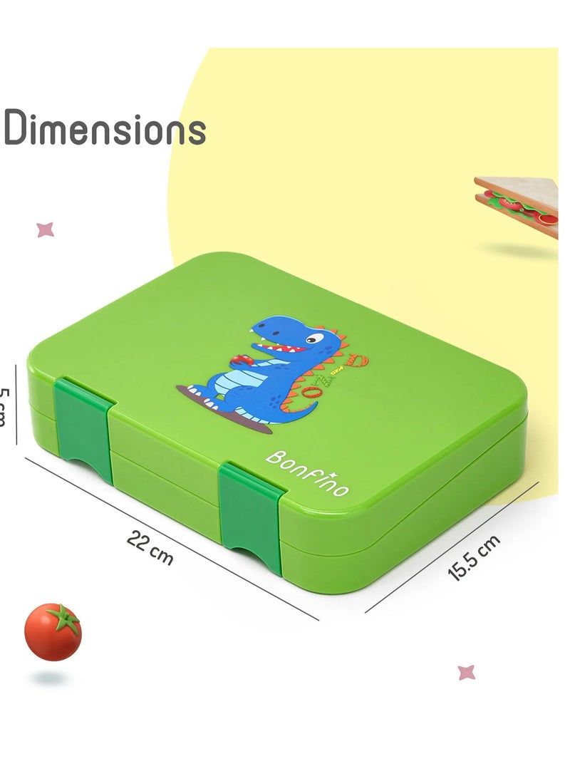 Bonfino Dino ABS Bento Lunch Box, BPA Free, Microwave Safe Removable Tray, 6 Adjustable Compartments, Leak Resistant, Lightweight, 22x15.5x5cm, 1.1L, 3 Years+ - Green