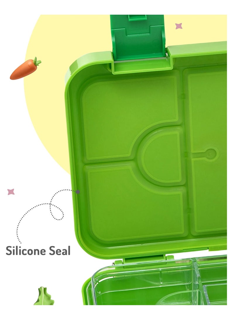 Bonfino Dino ABS Bento Lunch Box, BPA Free, Microwave Safe Removable Tray, 6 Adjustable Compartments, Leak Resistant, Lightweight, 22x15.5x5cm, 1.1L, 3 Years+ - Green