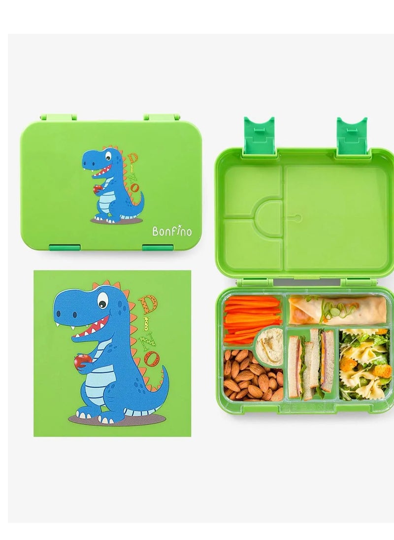 Bonfino Dino ABS Bento Lunch Box, BPA Free, Microwave Safe Removable Tray, 6 Adjustable Compartments, Leak Resistant, Lightweight, 22x15.5x5cm, 1.1L, 3 Years+ - Green