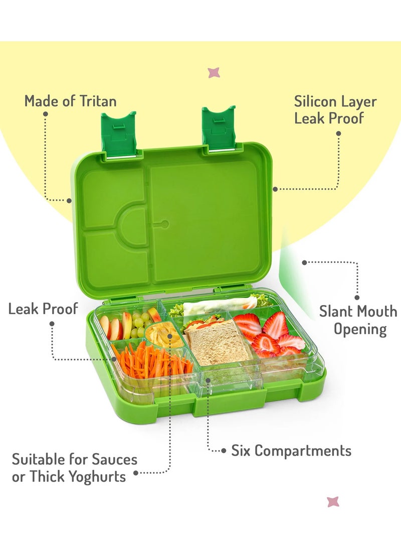 Bonfino Dino ABS Bento Lunch Box, BPA Free, Microwave Safe Removable Tray, 6 Adjustable Compartments, Leak Resistant, Lightweight, 22x15.5x5cm, 1.1L, 3 Years+ - Green