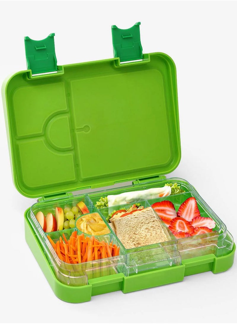 Bonfino Dino ABS Bento Lunch Box, BPA Free, Microwave Safe Removable Tray, 6 Adjustable Compartments, Leak Resistant, Lightweight, 22x15.5x5cm, 1.1L, 3 Years+ - Green