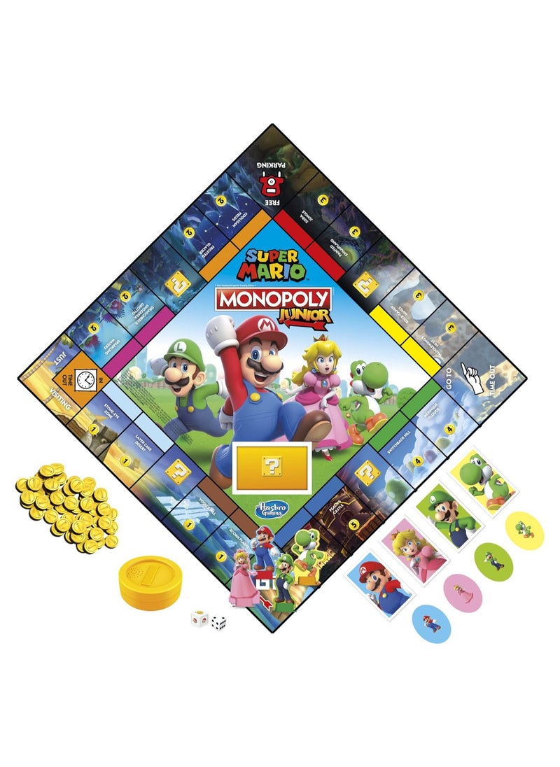 Monopoly Junior Super Mario Edition Board Game,Explore The Mushroom Kingdom as Mario, Peach, Yoshi, or Luigi