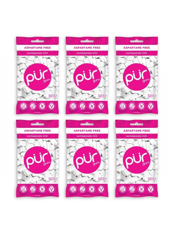 PUR 100% Xylitol Chewing Gum, Sugarless Pomegranate Mint, Sugar Free + Aspartame Free + Gluten Free, Vegan & Keto Friendly - Low Carb, Simply Pure Natural Fruit Flavored Gum, 55 Pieces (Pack of 6)